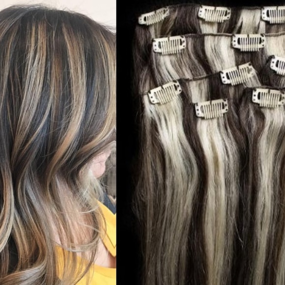 18" 100% Clip in Human Hair Extensions 7Pcs,14 clips # 2/613